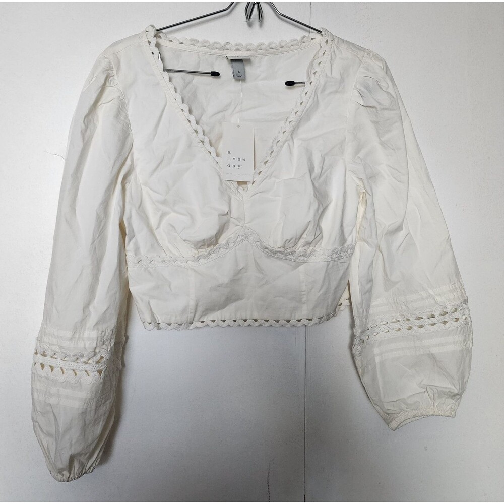 A New Day white Babydoll Prairie crop blouse bishop puff sleeves S NWT peasant